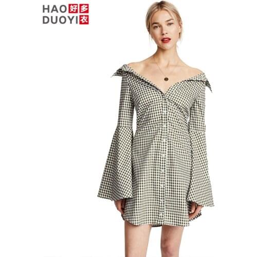 Spring and Summer French Temperament Lapel Sexy Off Shoulder Dot Print Trumpet Sleeve Mori Dress