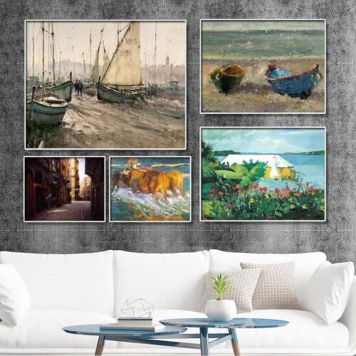 Vinsonloud Home Decoration Print Canvas Picture Wall Art Paintings Oil Unframed Drawings Landscape painting horse boat cloud