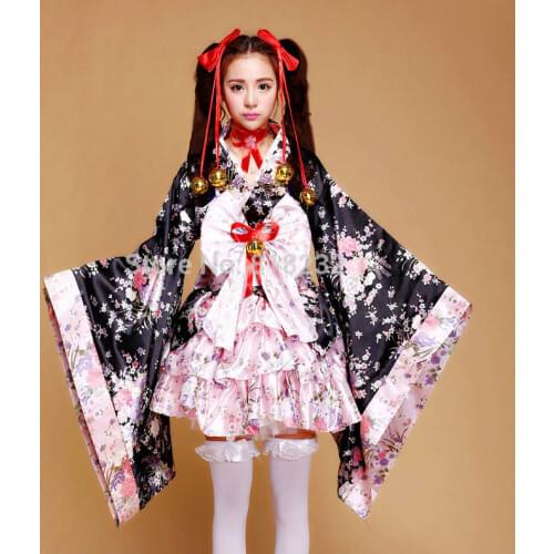 Adult Child Cute Lolita Maid Sakura Kimono Yukata Uniform Meidofuku Dress Outfit Anime Cosplay Costumes