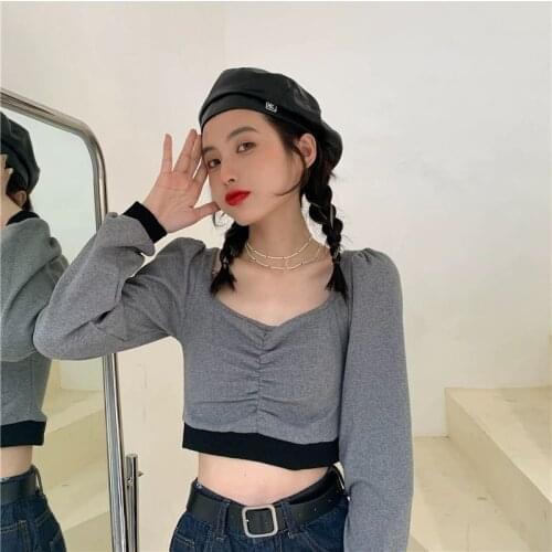 Square collar short long-sleeved T-shirt womens 2021 summer new Korean version of the body-length open umbilical top