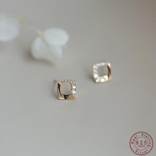 925 Sterling Silver French Square Pavé Crystal Asymmetrical Stud Earrings Women Light Luxury Temperament Wedding Party Jewelry