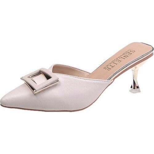 2020 New Sexy Ladies Shoes Woman Slippers Square Buckle Pointed Toe Women Shoes Solid Leather Flock Thin High Heels Casual Shoes