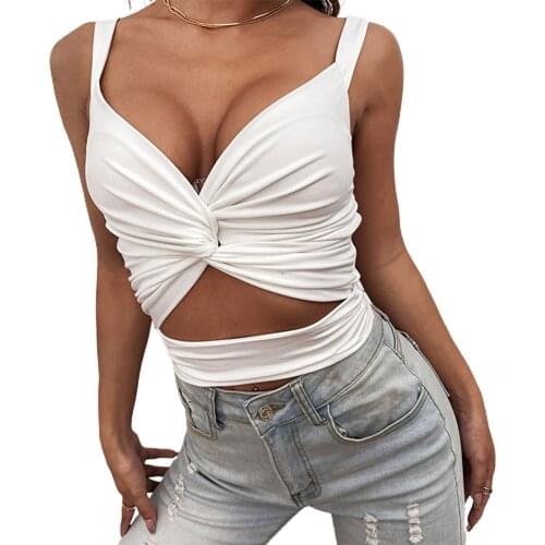 2021 Fashion Ladies Hollow Out Knotted Tank Top Streetwear Women Sleeveless V Neck Slim Fit Crop Top Club Holiday Casual Camis