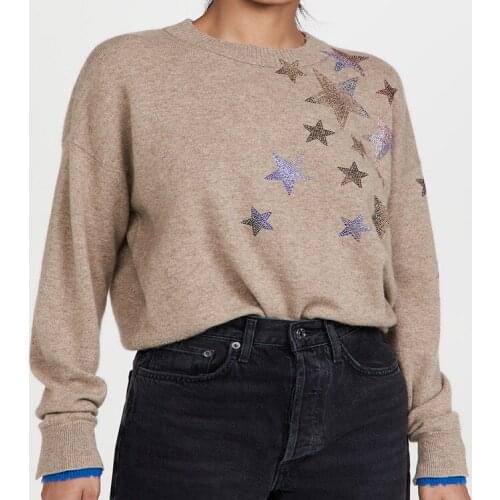 Women Sweater Fall and Winter 2021 Round Neck Long-sleeved Stars Color-blocking Cuffs Women 100% Cashmere Knitted Sweater