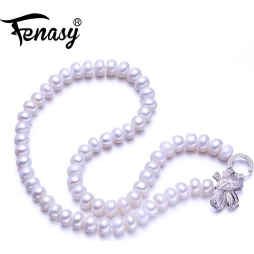 FENASY Handmade DIY Wedding Party Jewelry Elegant 9-10mm Natural Pearl Necklaces For Women Classic Bowknot Choker Necklace