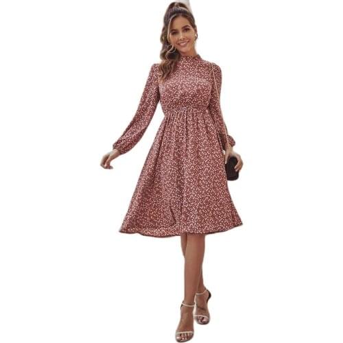 2020 European And American Fashion Womens Waist Printed Commuter Long Sleeve Dress Drop Shipping