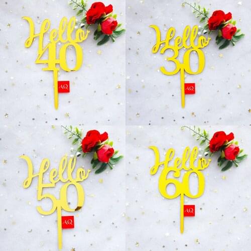 New Acrylic Gold hello 21 30 40 50 60 Hand Writing Cake Toppers Happy Birthday Party Decoration for Anniversary Supplies