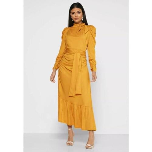 Abaya Dubai Robe Long Muslim Dress Fashion Women Pleated Solid Color Irregular Hem Long Sleeve Dress Elegant Night Party Gowns