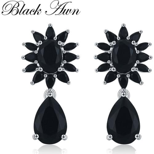 [BLACK AWN] Pure 925 Sterling Silver Jewelry Black Spinel Flower Wedding Drop Earrings for Women Fine Silver 925 Jewelry I066