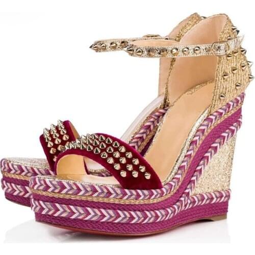 Women Designer Gold Rivet Wedges Open Toe Braided Platform Leopard Wedge Sandals 15cm Heels Height Increased Patchwork Shoes