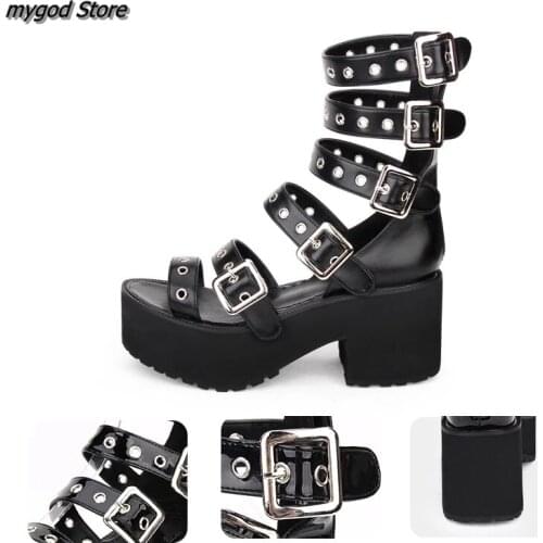 Women Black Thick Bottom Muffin Platform High Heel Summer Buckle Straps Chunky Punk Gladiator Sandal Boots Lolita Lady Shoes