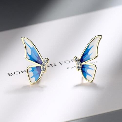 Korean Blue Butterfly Enamel Color Zircon 925 Sterling Silver Stud Earrings For Women Girls Animal Cute Jewelry Gift