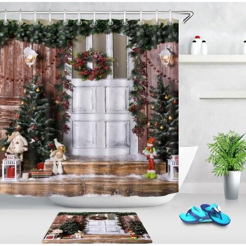 LB Christmas Door Decoration Wreath Fir Xmas Tree Shower Curtain Waterproof Bathroom Curtains Fabric for Bathtub Home Decor