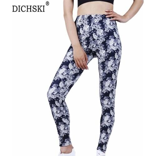 DICHSKI Fitness High Waist Legging Gym Wear Workout Running Activewear Yoga Pant Hip Elastic Black Retro Flowers Ankle-Length