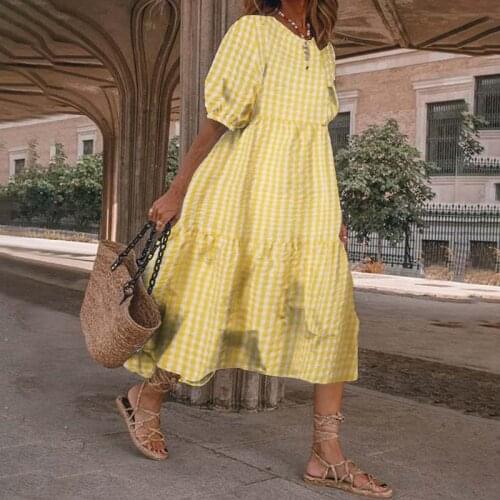 Summer Womens Dress 2021 Casual Short Sleeve Plaid Printed Sundress Loose Pleated Mid-Calf Maxi Dresses Femme Party Robe