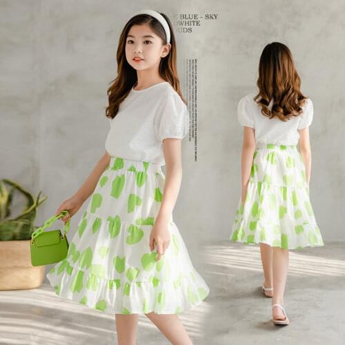 Summer Sets Children Elegant Ruffle T Shirt Green Princess Skirt Set for Girls 2021 Short Sleeve Teens Kids Clothes 6 8 10 Years