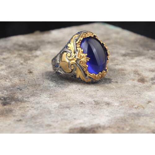 925 Sterling Silver Blue Zircon GemStone Men Silver Ring, Vintage Silver Ring For Men, Handmade Engraved Mens Ring