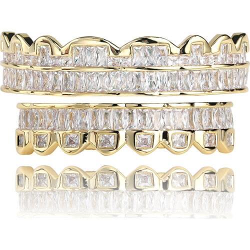 Iced out Teeth Grillz Top & Bottom Silver Color Grills Dental Mouth Hip Hop Fashion Jewelry Rapper Jewelry Gift