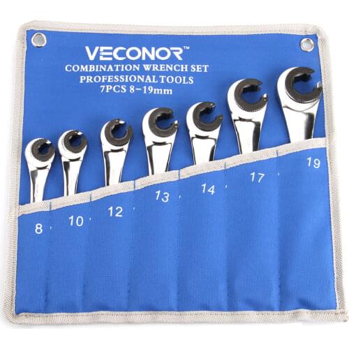 7Pcs Ratchet Flare Nut Wrench Spanner Set of Multitools Mirror Polished Oil Pipe Wrench With Storage Bag Packed