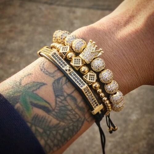 Charm bracelet Gold Bracelets Men Crown Pave CZ Zircon Stainless Steel Beads Braided Braiding Bracelet set men luxury jewelry