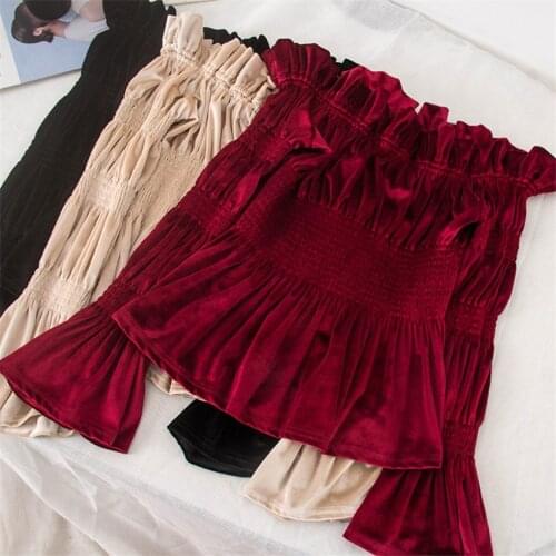 Gowyimmes 2019 Autumn women gold Velvet shirt French Style Slash Neck Shirts Lady Flare Sleeve Tops Pullovers Bottomings PD231