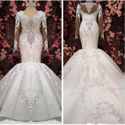 Real Photo Long Sleeve Muslim Country African Mermaid Modest Wedding Dress Crystal Bridal Gowns 2020 Princess Wedding Gowns Lace