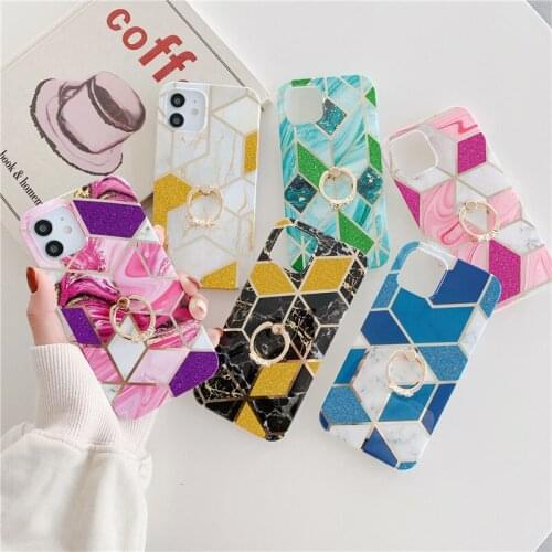 Luxury Geometric Marble Glittery Phone Case for iPhone 12 Pro Max 11 8 7 Plus X XR XS Max SE 2020 Soft IMD Ring Holder Case