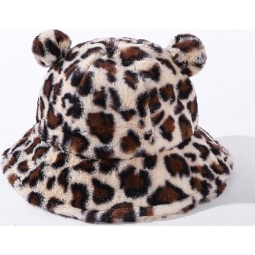 Faux Fur Leopard Cow Zebra Cute Ear Womens Winter Bucket Hat Thick Warm Hat Lady Girl Panama Outdoor Travel Velvet Fisherman Hat