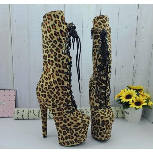 Leecabe Leopard suede materials 17CM/7inches Pole dancing shoes High Heel platform Boots closed toe Pole Dance boots