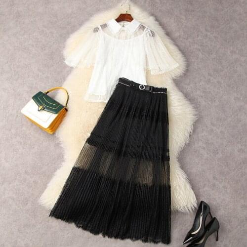 European and American womens wear for summer 2021 lace mesh shirt with five-quarter sleeves Black pleated skirt Fashion suits