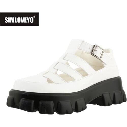 SIMLOVEYO Fashion 2021 Women Sandals Close Toe Heels Thick Bottom Buckle Strap PVC Big Size 33-46 Casual Summer Breathable B2557