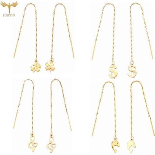 Woman Long Tassel Ear Line Dolphin Musical Notes Clover Dangling Pendant Drop Earrings Bohemian Female Usually Jewelry