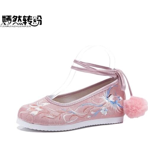 Winter lolita Women Warm Cotton Flat Ladies Hairball Lace Up Comfort Casual Flats Retro Chinese Phoenix Embroidered Shoes Woman
