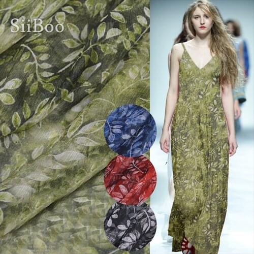 American style green red blue black leaves print 100% natural silk crepe chiffon fabric for dress tissu steffon tecidos SP4570