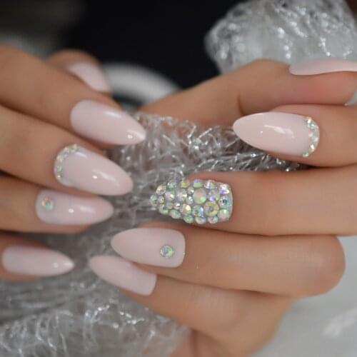AB Diamond Light Pink Stiletto False Nails Designs Medium Long Fake Nail Manicure Artificial Nails Tips Free Glue Sticker