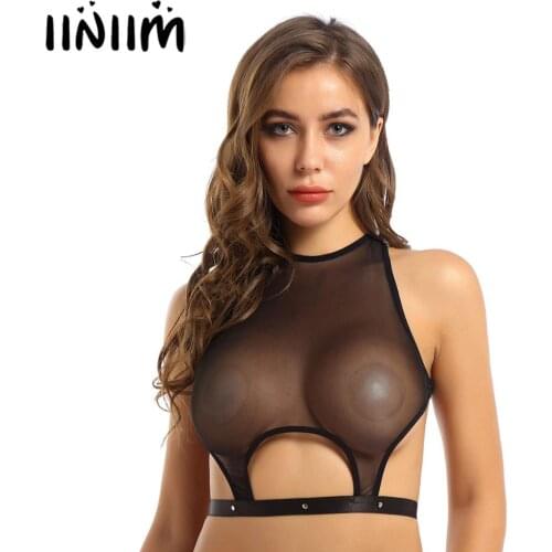 Womens Female See-Through Mesh Crop Tops with Hole Back Crossed Shoulder Straps Underwear for Lingerie Night Sexy Clubwear Tanks