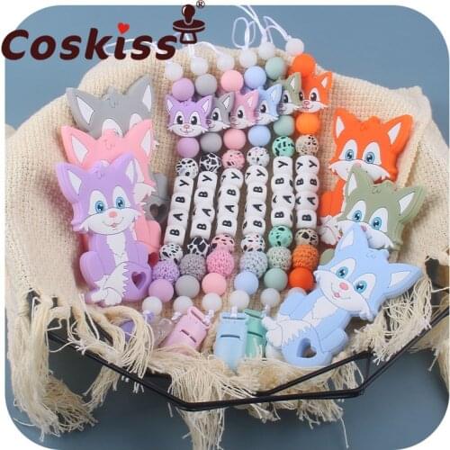 Coskiss 2pcs Of Gray Fox Teether Gift Food Grade Silicone Without BAP Personalized Name Nipple Bracket Chain And Fox Teether