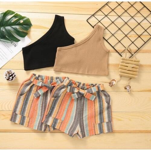 Kids Girl Summer Two Piece Set Fresh Solid Color Oblique Shoulder vest Striped Bandage Short Pants Fashion Childrens Sets