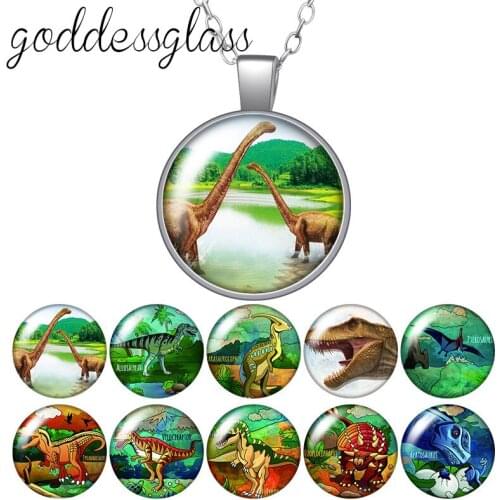 Dinosaur Jurassic Tyrannosaurus Rex pendant Round Glass glass cabochon silver plated/Crystal pendant necklace jewelry for Gift