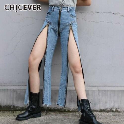 CHICEVER Casual Jeans For Women High Waist Full Length Patchwork Zipper Split Irregular Hem Denim Pants Female 2021 Fashion Tide