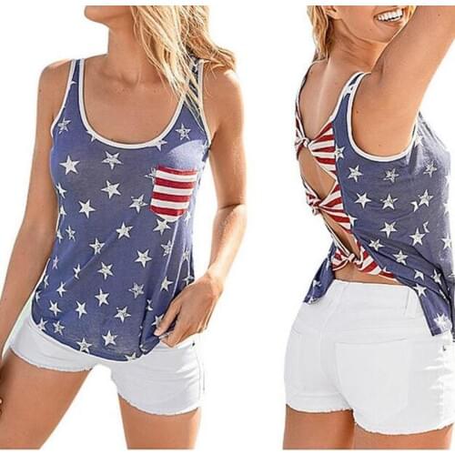 Tshirt US Flag Print Backless Bow Stripe Sleeveless T-shirt Street Style O-Neck Print Couple Clothes Plus Size Women Tshirt