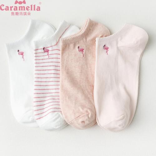 Caramella 4Pairs/Lot Pink Flamingo Women Socks Combed Cotton Embroidery Invisible Socks Spring Summer Girl Ankle Socks 34-39
