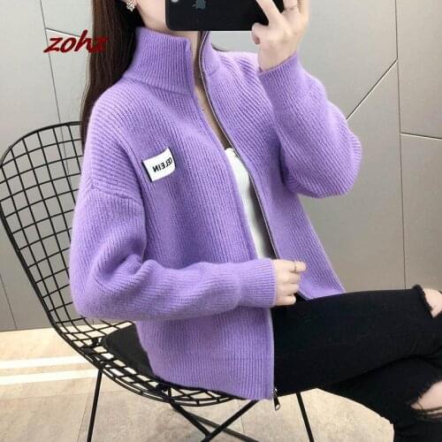 Zipper Knitted Cardigan Women Autumn Winter Stand-Up Collar Loose Warm Knit Outwear Female Solid Long Sleeve Open Stitch Sweater