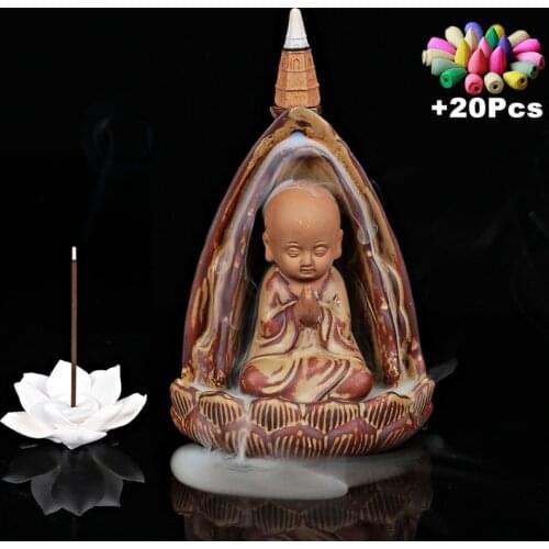 20 Incense Cones Zen Monk Backflow Incense Burner Lotus Stick Incense Holder Creative Decoration Micro Landscape Yoga Ornament