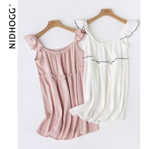 Summer Cotton Solid Fresh Sleeveless Sling Nightgowns Spaghetti Strap Two Colors Home Sleeping Skirt Girl Thin Sleep Dress 2021