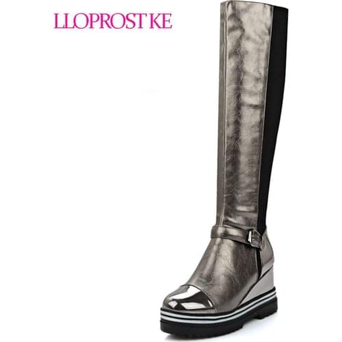 Lloprost ke Round toe Wedge Heel knee high boots platform height increasing long boots winter fashion Snow boots buckle MY1030