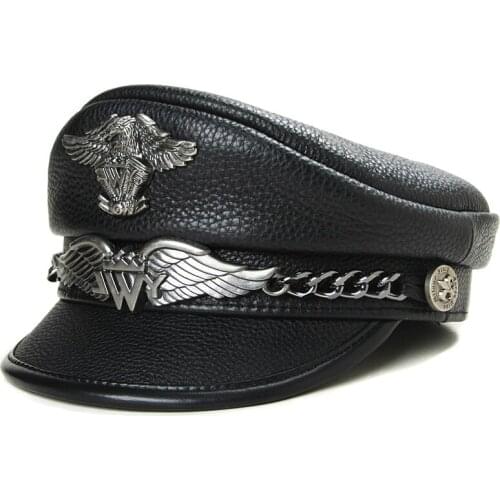 Mens Womens Real Leather Cowhide German Military Hat Retro Drivers Army Service Biker Hats/Caps Flat Top Navy Cap