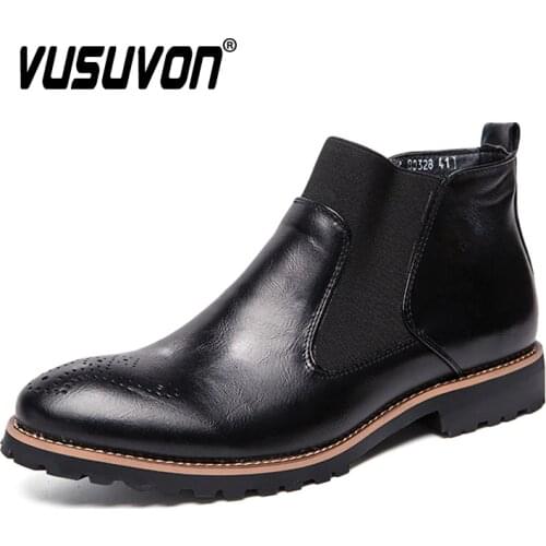 Men Chelsea Boots 38-46 Fashion Brogure Pattern High-top Casual Shoes Spring Summer Ankle Martin Genuine Leather British Style