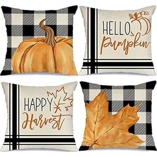 Autumn Pillow Set Cover Autumn Buffalo Plaid Pumpkin Maple Leaf Autumn Pillow Decorative Pillow Farmhouse Cushion Cover