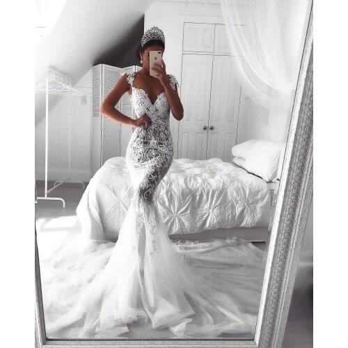 New Sexy Mermaid Lace Wedding Dresses 2020 Appliques Sweetheart Long Train Tulle Bridal Wedding Gowns Illusion Back Women Robe